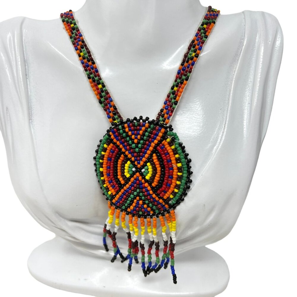 Southwestern Style Beaded Necklace Multi Color Seed Beads‎ Handmade 24 inches